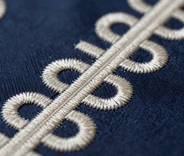 Macro photography showing the detail of intricate off-white embroidery and dark blue technical fabric. The lighting creates high contrast, emphasizing the sophisticated textures and cutting-edge craftsmanship.
