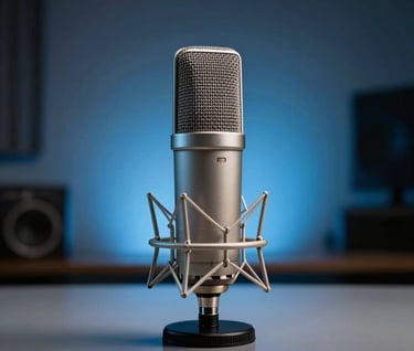 A minimalist studio shot of a high-end condenser microphone resting on a reflective surface in a North American / US professional studio, with soft blue ambient rim lighting.