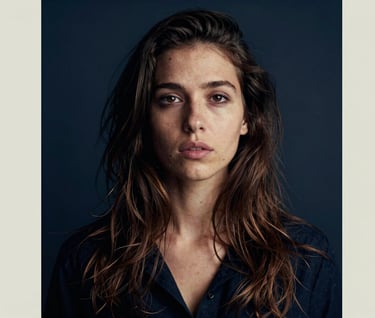 A moody, artistic portrait in a North American / US studio, using soft off-white lighting to contrast against a deep navy background. The subject shows a vulnerable yet powerful expression, capturing the duality of transformation and identity.