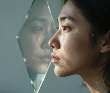 Artistic profile photography of a creative visionary in a North American / US setting. The subject is partially obscured by a glass prism, creating beautiful light refractions in shades of dusty blue and off-white. The mood is immersive and thoughtful.