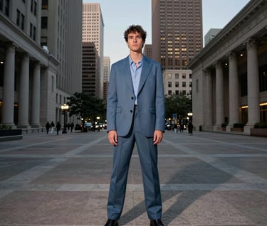 A wide shot of a North American / US city plaza at dusk. A figure in high-fashion streetwear—featuring shades of slate blue and muted blue—stands amidst the architecture, projecting a presence of cutting-edge creative leadership.