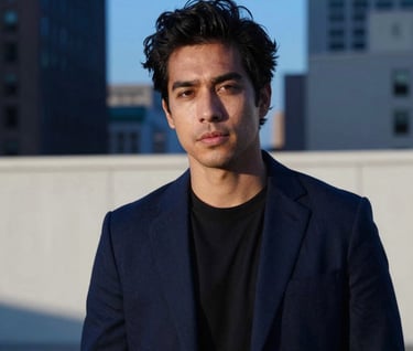 A medium-shot portrait of a creative visionary looking directly into the camera with a bold, confident expression. Photographed in a North American / US city setting during the blue hour. The subject's face is illuminated by soft, cool light, contrasting with a deep navy blue and off-white urban backdrop.