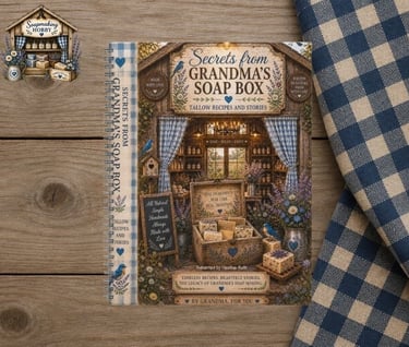Secrets from Grandma's Soap Box tallow recipe book on a rustic wooden table.