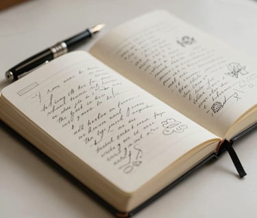 A detailed close-up shot of an open, hand-bound notebook on a cream surface. The pages are filled with elegant cursive writing and small ink sketches. A fountain pen rests on the spine. The lighting is soft and moody, emphasizing a sophisticated and introspective tone. International / Western style.