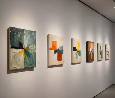 A row of small abstract paintings on canvas, displayed in a bright gallery with warm grey walls, minimalist and professional.