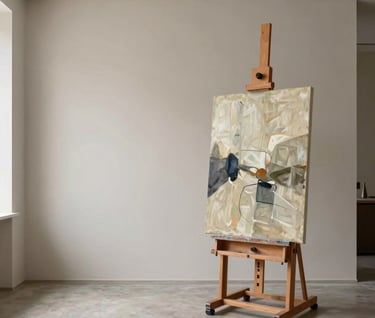 A professional architectural photograph of a minimalist art studio with an abstract oil painting on an easel. The space is filled with soft, diffused light. Palette colors: stone, taupe, and cream. International / Western setting.