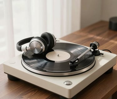 Minimalist photography of a classic vinyl record player and silver headphones on a wooden surface, soft morning light through a window, sophisticated and clean composition, cream and brown tones, International / Western.