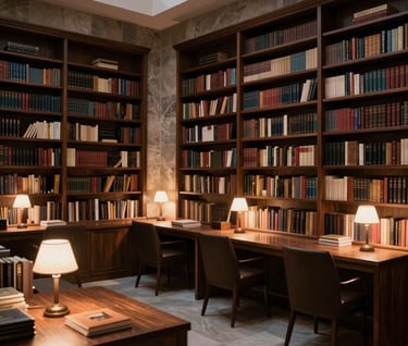 A wide-angle interior photograph of a quiet, sophisticated home library at dusk, with soft desk lamps casting a warm glow on wooden surfaces. Palette colors: dark brown, taupe, and stone. International / Western setting.
