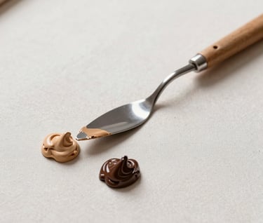 Close-up photography of artistic tools in a professional studio. A palette knife rests beside small mounds of oil paint in shades of tan and muted brown on a textured canvas. The style is artistic and curated, showcasing the process of creation in an International / Western context.