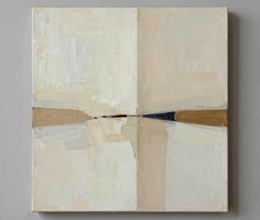 An abstract minimal oil painting with broad strokes of off-white and pale tan, leaning against a warm grey wall, International / Western setting.
