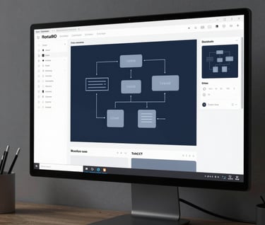 A cinematic, moody shot of a designer's workspace. A high-resolution monitor displays the project's interface architecture in #2D3A4B and #7A8C9E colors, surrounded by minimalist hardware.