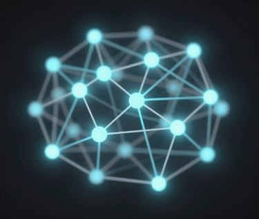 An abstract visual representation of a neural network using glowing particles in the brand palette #E6EFF5 and #7A8C9E, deep shadows for depth.