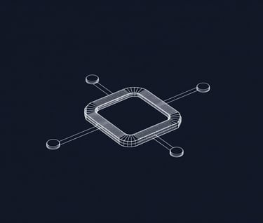 Minimalist wireframe schematic of an AI processing node, thin white lines #E6EFF5 on a dark navy #0A1118 background, sophisticated technical drawing style.