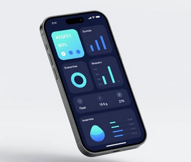A sleek, modern mobile app mockup on a floating device, showcasing complex data visualizations rendered in a clean, minimalist style. Dominant colors: #E6EFF5 and #0A1118.