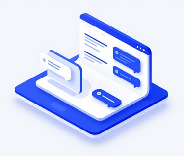 A minimalist, isometric view of a web application featuring an AI chatbot integration. Crisp lines and bold modern layout using #E6EFF5 and #2D3A4B.