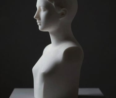 Silhouette of a sculpture-like object in a dark room, with soft lighting from one side highlighting its edge in #F8F8F8 against a deep #000000 background.