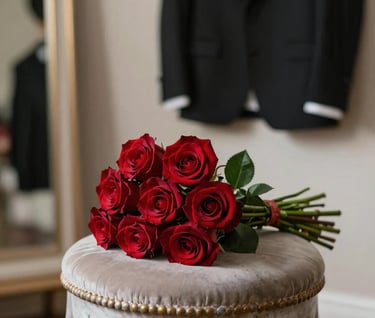 A vertical artistic shot of a bouquet of deep red roses resting on a light gray antique stool in a dressing room. A tuxedo jacket hangs in the soft-focus background. Elegant, after-show atmosphere.