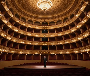 A wide shot of a grand, historic opera house interior. The architecture is ornate with gold leaf and burgundy seating. The tenor is a small but central figure on the stage, bathed in a single focused light. Sophisticated and grand.