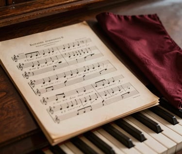 A close-up of a vintage musical score with handwritten Italian lyrics, placed on a dark wooden piano. A silk handkerchief in deep burgundy (#6B242D) lies beside it. The lighting is warm and atmospheric, evoking the golden age of classical opera.