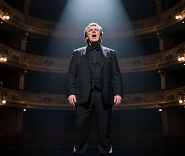 A dramatic stage shot of the tenor performing a powerful aria, illuminated by a sharp spotlight against the dark Antracite #262626 background of a historic opera house. The composition is dynamic and full of emotional intensity.