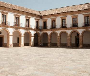 An evocative wide shot of an empty, elegant stone courtyard in a historic building, used for summer concerts. The architecture is classic and clean. Colors of warm taupe and soft off-white under a clear sky. Southern European / Spanish heritage site.