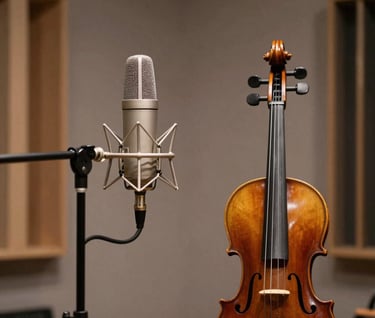 A professional recording session in a Southern European / Spanish studio. A high-end microphone positioned near a violin on a stand. Symmetrical composition, muted earth brown tones, elegant lighting.