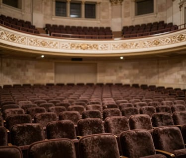 Interior of a grand concert hall in a Southern European / Spanish city, empty velvet seats, soft focus, warm stone taupe and deep charcoal coffee colors. Artistic and profound cultural depth.
