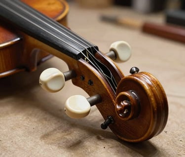 Detail of a violin's scroll and pegs, high-quality craftsmanship, professional lighting. Muted earth brown wood tones with soft almond off-white highlights. Southern European / Spanish luthier workshop feel.