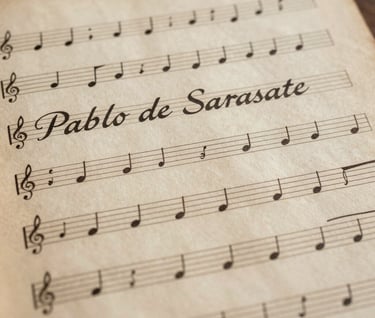 Detail of original handwritten musical scores by Pablo de Sarasate, aged paper texture, dark espresso ink, cinematic studio lighting, Southern European / Spanish historical context.