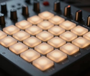 Detail of a midi controller with glowing pads in warm tones, sophisticated modern music tech photography.