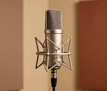 A high-end professional studio microphone on a stand. The room behind it is warm and inviting, with sound panels in shades of warm sand and muted terracotta. Soft, golden studio lighting.