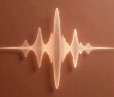 An abstract, artistic photograph of sound waves represented by light refractions on a smooth terracotta surface. Warm, sophisticated, and modern aesthetic.