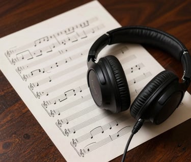 Professional studio headphones resting on a dark mahogany desk next to a neatly written sheet of musical scores. The scene is bathed in a soft off-white light, creating a calm and focused mood.