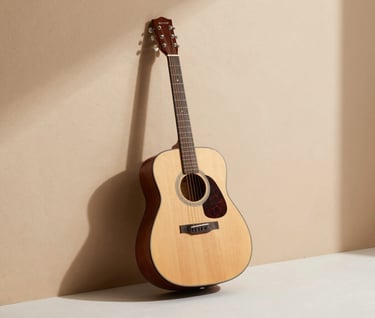 A high-quality acoustic guitar leaning against a warm beige textured wall. Long shadows in terracotta tones cast across a soft off-white floor. Minimalist and artistic composition.