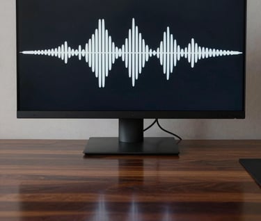 A minimalist composition showing soundwave patterns on a professional monitor, reflecting onto a wooden desk surface of deep espresso color. The atmosphere is modern and clear.