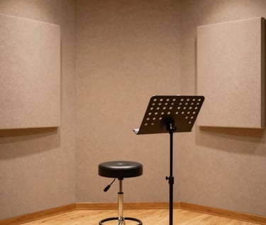 A wide-angle shot of a cozy recording booth with a stool and a music stand. The walls are covered in warm beige acoustic foam. The lighting is soft and golden, creating an inviting space for artistic creation.