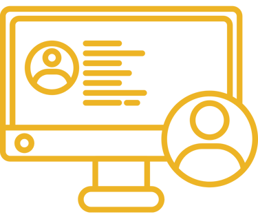 Yellow outline icon of a computer monitor displaying a user profile with personal data.