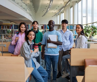 Diverse group of university students smiling in a modern library with books and study desks.