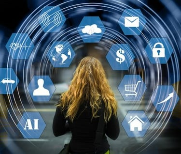 a woman infront of a technology pad with different holographic options in front of her