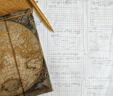 paper wireframes next to a beautiful old-school diary