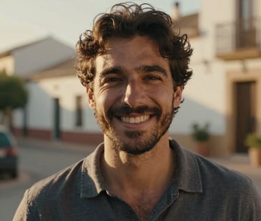 A natural portrait of a man smiling warmly, captured in a candid moment. Sun-drenched setting in a Spanish village, soft cinematic blur, golden hour lighting.