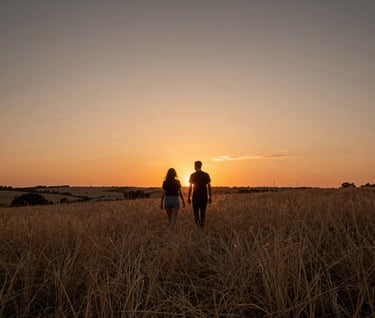 Wide cinematic shot of a couple walking through a field of dry grass at sunset, Iberian landscape, warm orange and charcoal tones in the sky, storytelling mood.