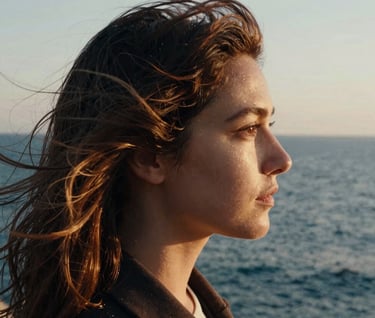 Candid portrait of a person looking at the Mediterranean sea, wind in their hair, authentic expression, cinematic film grain and warm light.