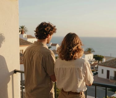 A couple sharing a quiet moment on a balcony overlooking a Spanish coastal town, warm golden light, cinematic composition with depth, soft textures in cream and wood.
