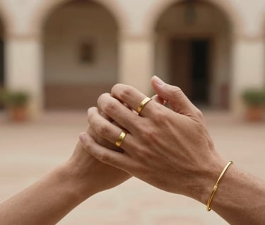 Macro photography of a couple's hands intertwined, wearing simple gold jewelry, soft focus background of a sun-bleached Iberian patio, warm brown and sand color palette.