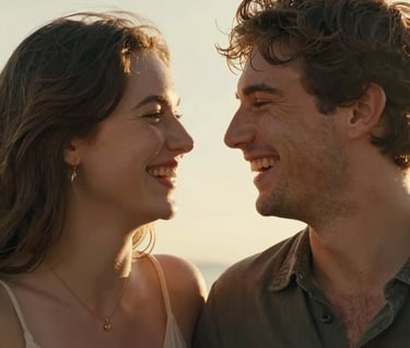 Authentic portrait of a young couple laughing together, backlit by the golden Iberian sun. The composition is intimate and cinematic, focusing on genuine connection and sun-drenched skin tones.