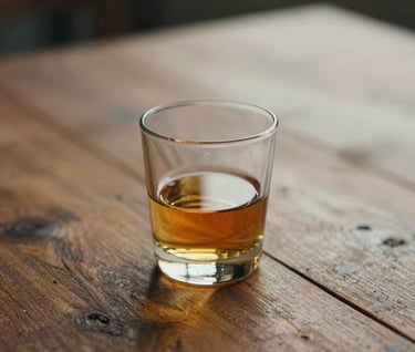 A still life composition of a rustic wooden table featuring a single glass of amber liquid catching the light, reflecting colors like #6F604F and #C4B29A. The mood is sophisticated and peaceful, like a memory frozen in time.
