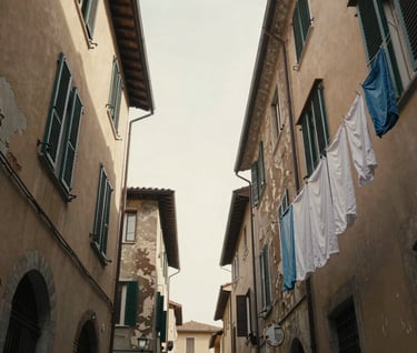 A low-angle shot of a narrow Italian street with laundry hanging between buildings. The sky is a soft #F5F0E1 cream. The architecture shows layers of history with peeling #C4B29A paint and deep #262626 shadows, capturing the 'feel in the moment' vibe.