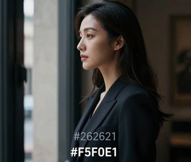 A candid, elegant portrait of a figure looking out of a window. The light is diffused and natural, highlighting the sophisticated atmosphere. The color scheme incorporates #262626 for depth and #F5F0E1 for the highlights, following the brand mood of timeless elegance.