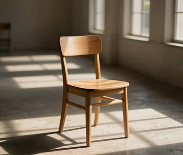 Cinematic shot of a single wooden chair (#6F604F) sitting in a sun-drenched hallway. Golden hour light creates long shadows in #262626 across the #F5F0E1 floor.